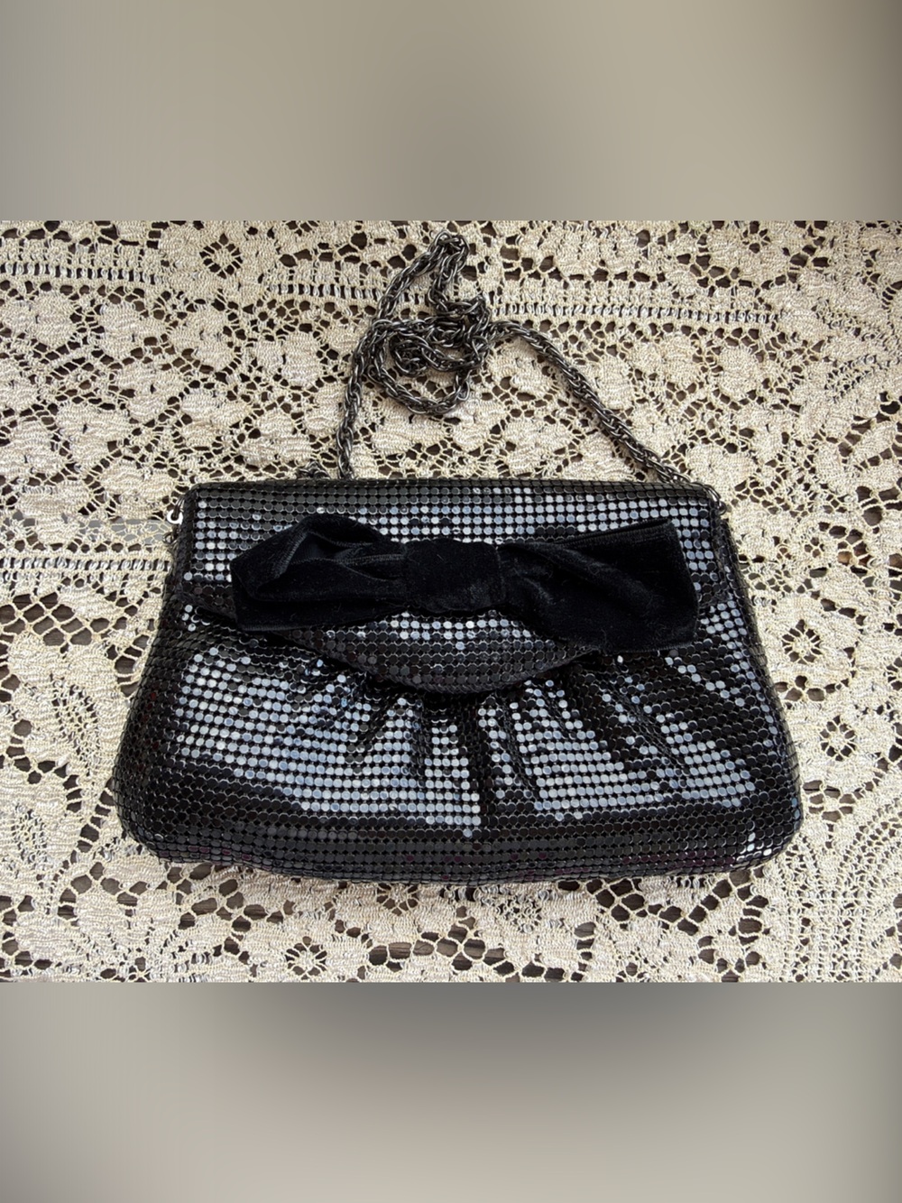 Talbots Black Metallic Mesh Evening Bag w/ Velvet Bow — Never Used